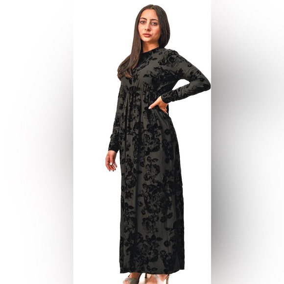 DEVORAH'S SECRET Modest Dress Empire Waist Black Velvet Floral - Picture 1 of 3